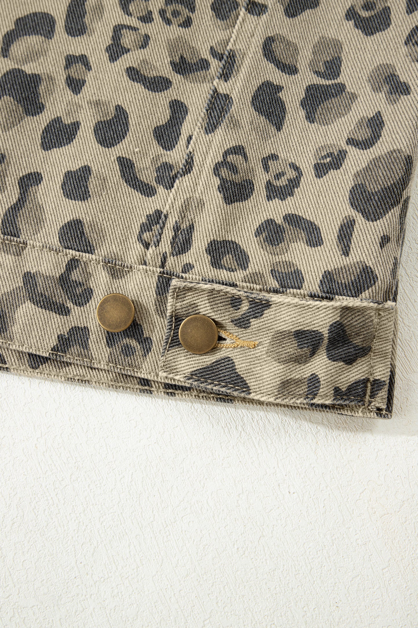 Khaki Retro Leopard Print Seam Detail Button Down Denim Jacket
