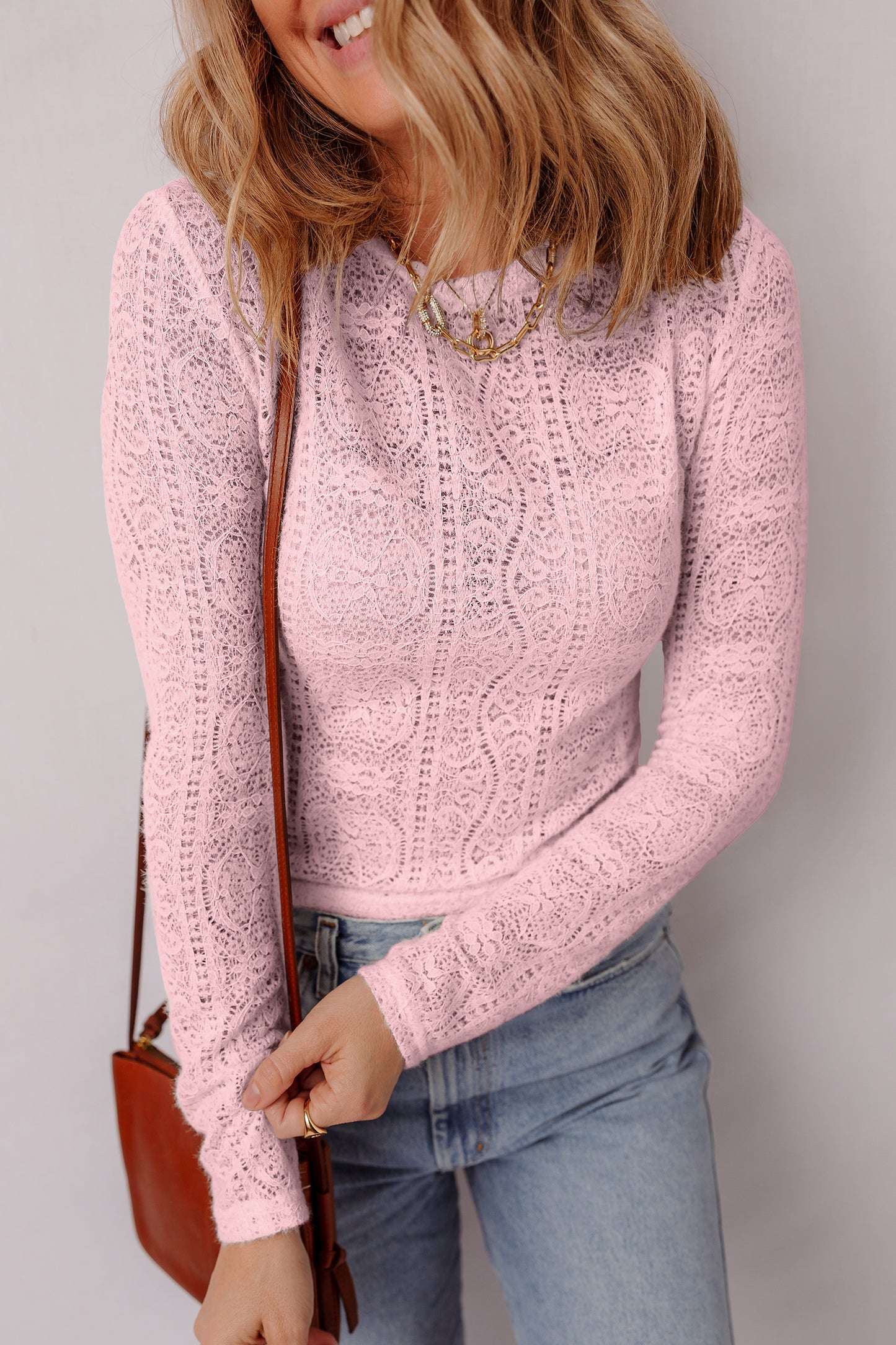 Light Pink Semi Sheer Lace Long Sleeve Cropped Top