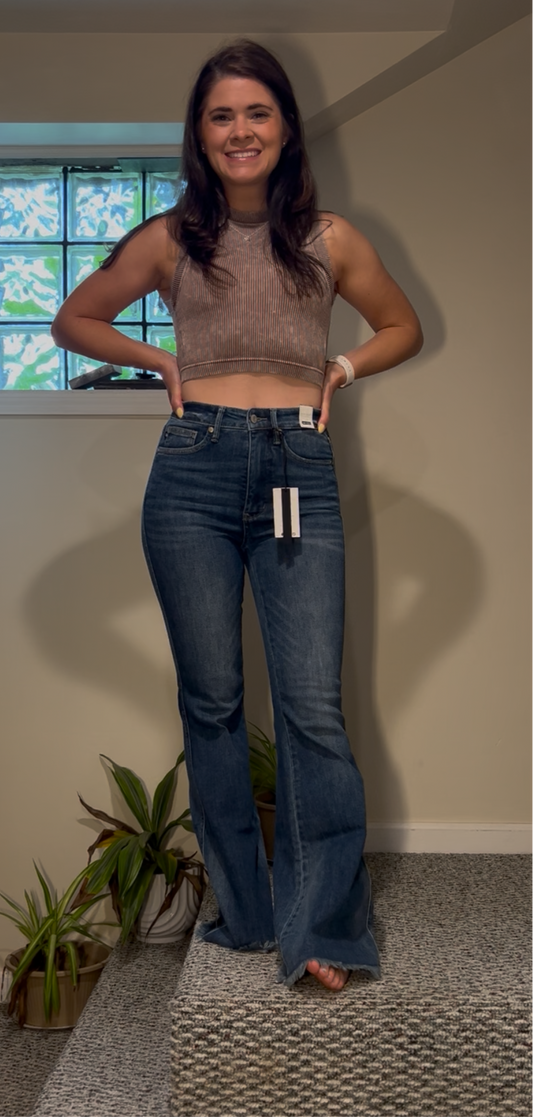 Miley High Waist Control Top Frayed Hem Flare Jeans