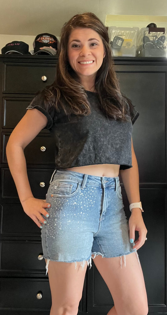Elle High Rise Rhinestone Cutoff Shorts