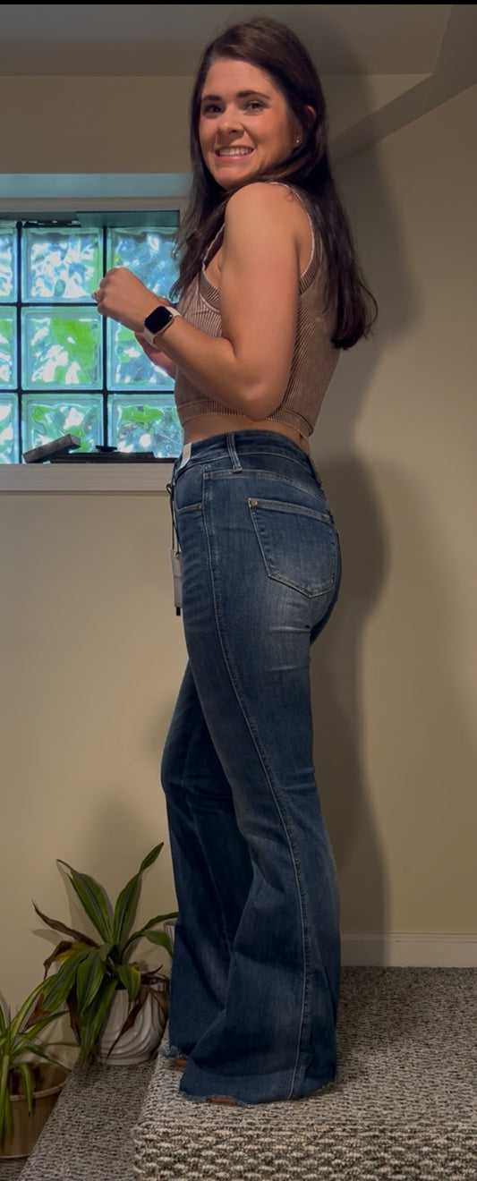 Miley High Waist Control Top Frayed Hem Flare Jeans