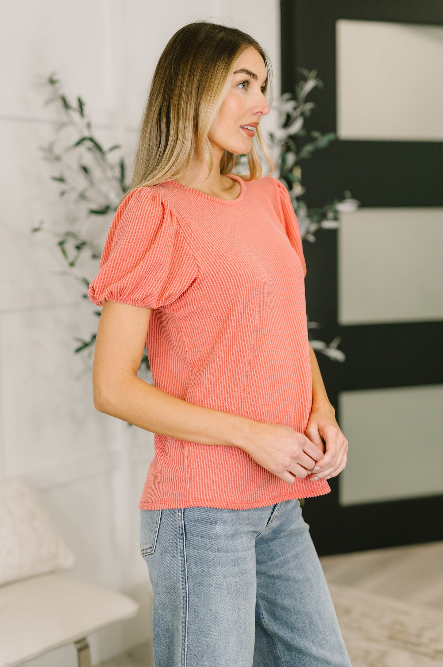 Grace & Virtue Balloon Sleeve Blouse in Coral